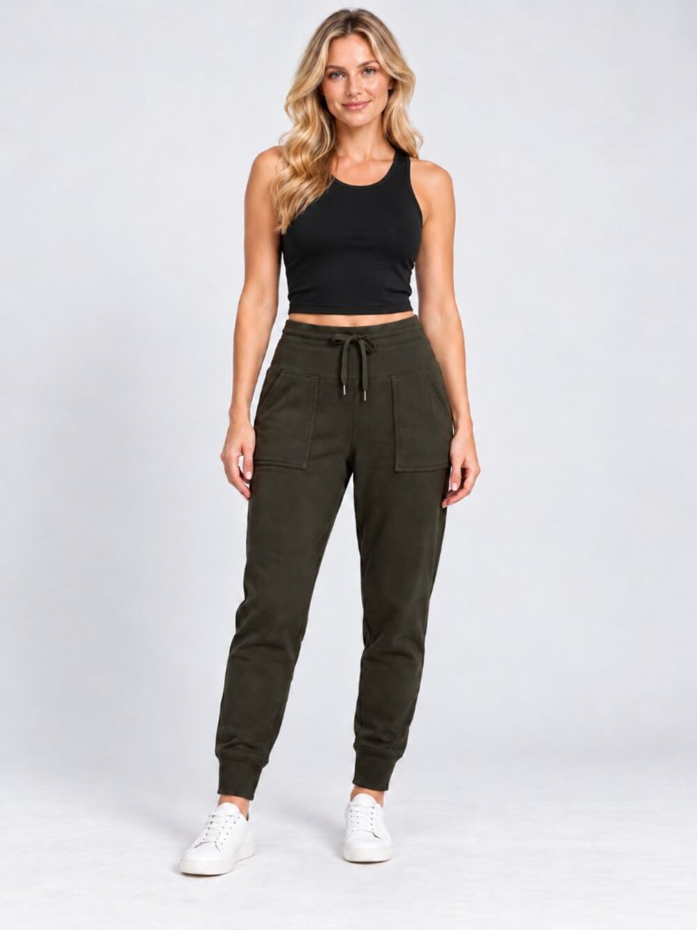 Reebok M Dark Olive Jogger Pants Drawstring Waist Patch Pockets Lounge Sweatpant